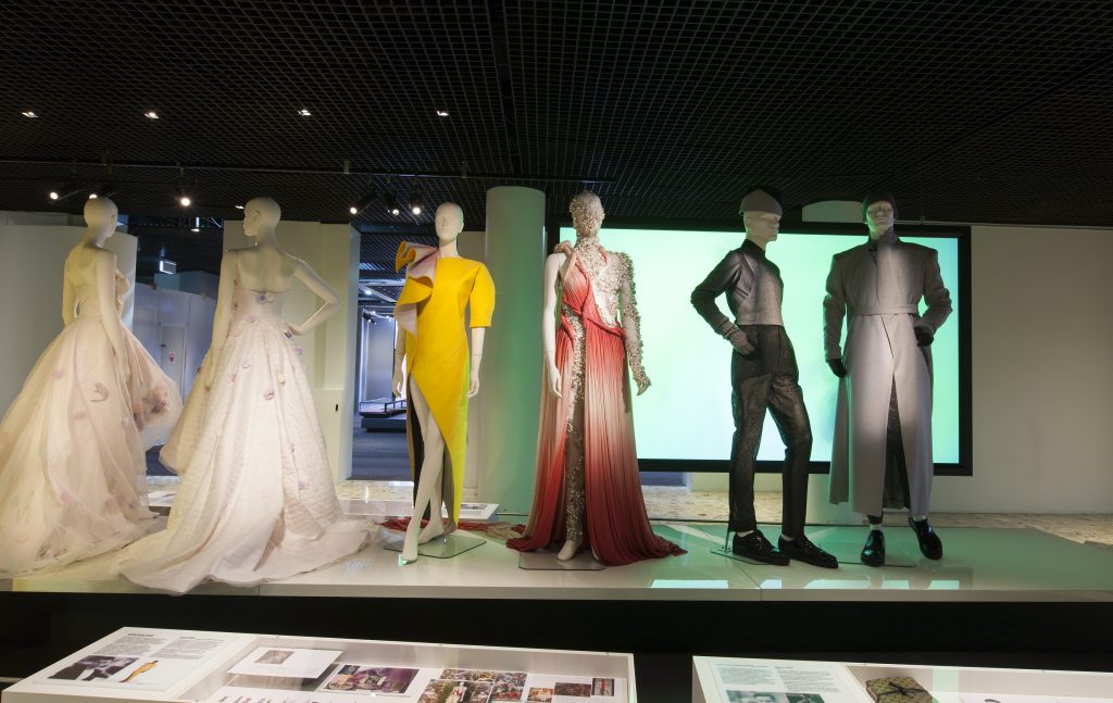 Exhibition display of dressed mannequins