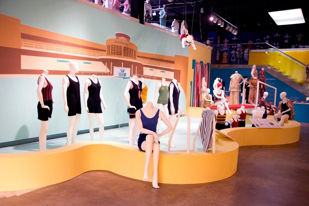 Exhibition display of mannequins in swimwear