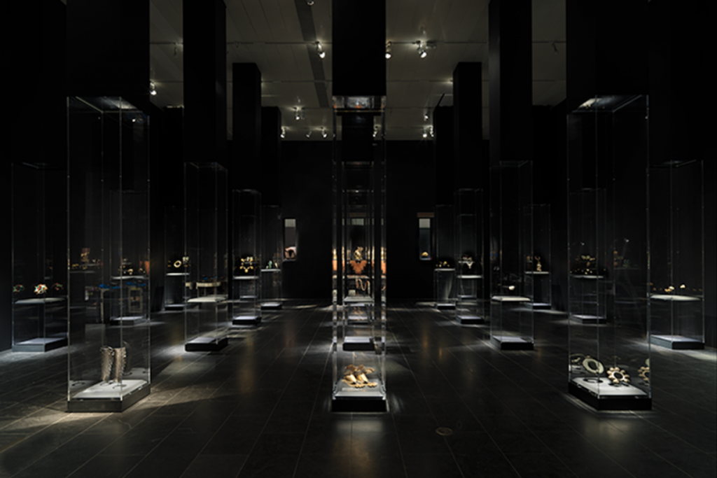 Exhibition display of glass cases of jewellery