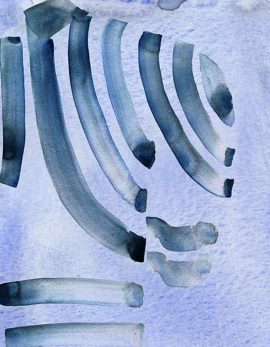 Water colour on a pale blue background of curved lines in indigo