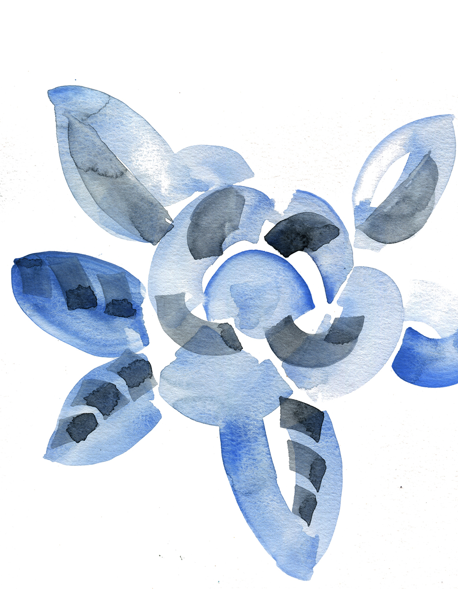 Water colour of a blue flower and leaves