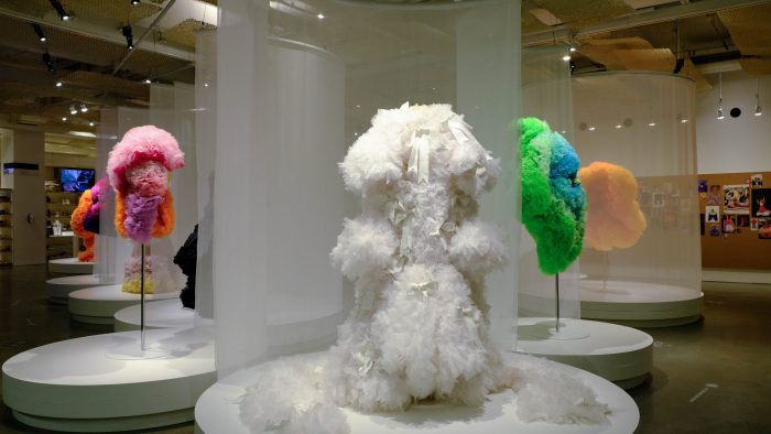 Exhibition display of fluffy gowns