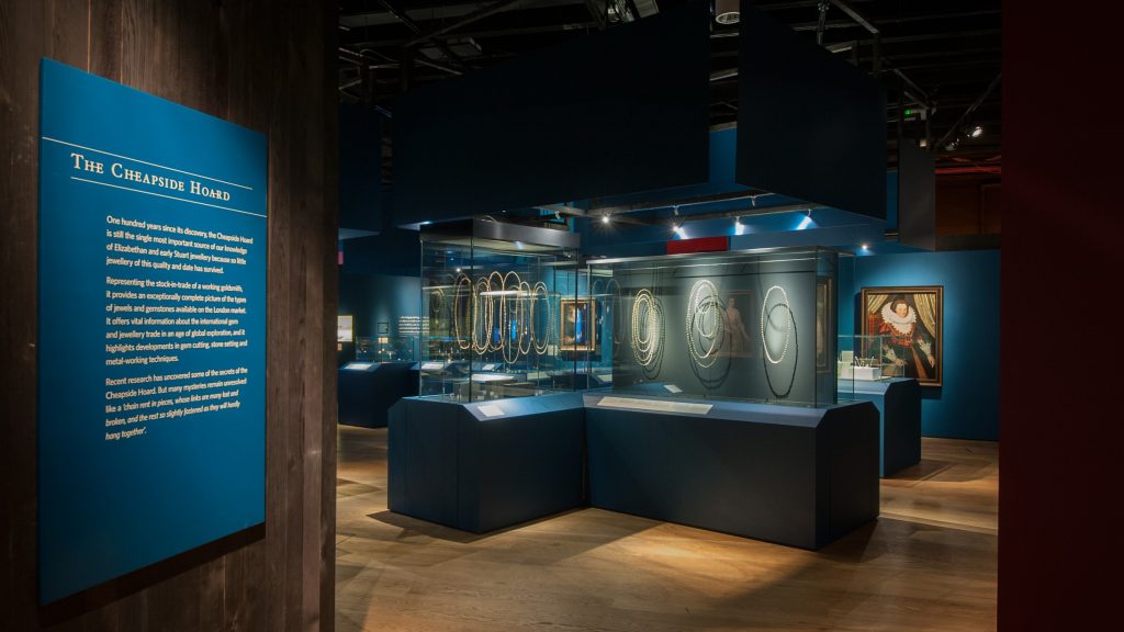 Exhibition display of cabinets containing jewels