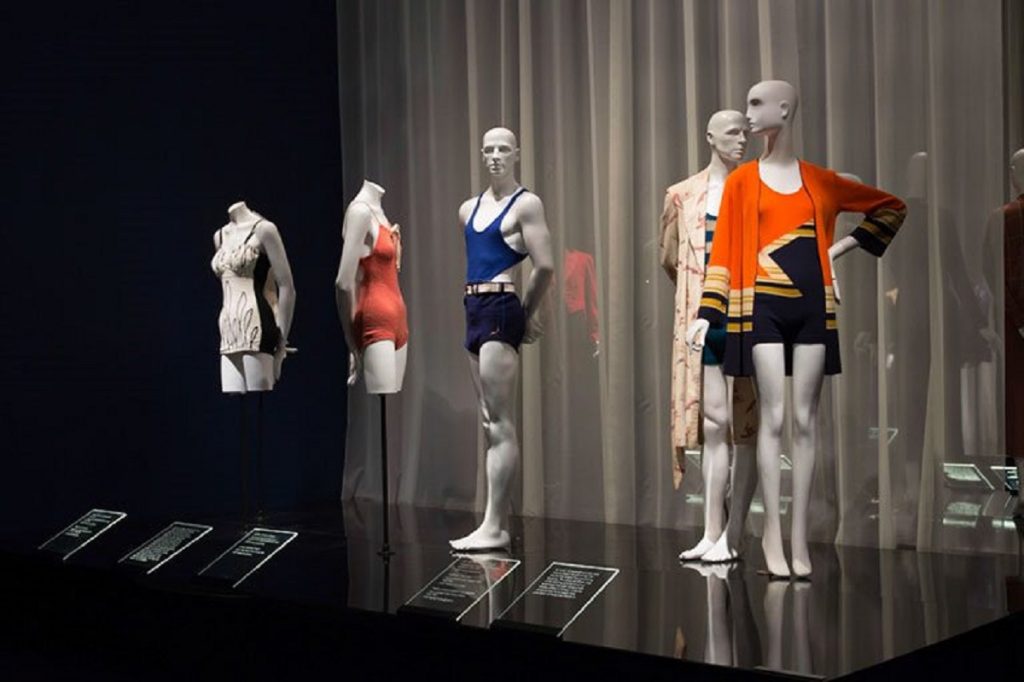 Exhibition display of mannequins in swimming costumes
