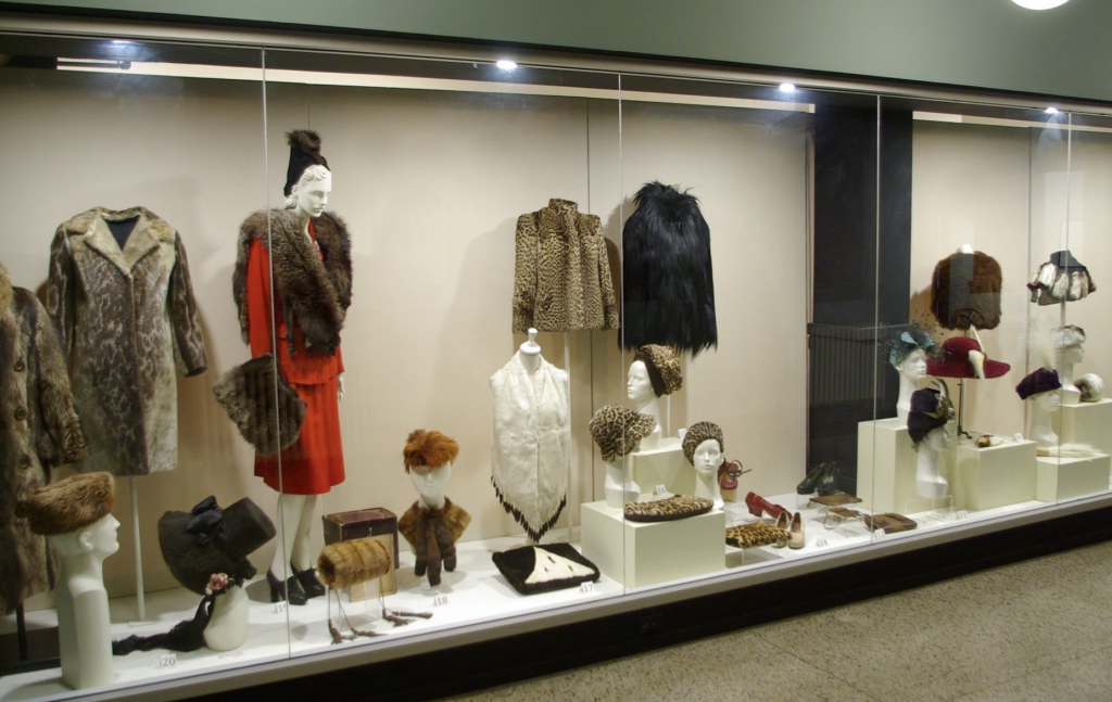 various garments on display in a vitrine