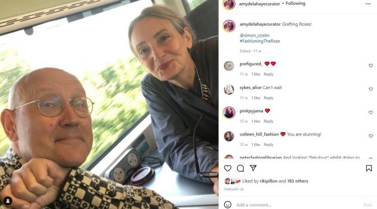 instagram screenshot of selfie by Simon Costin and Amy de la Haye on a train with window in the background. To the right is a list of instagram comments from followers