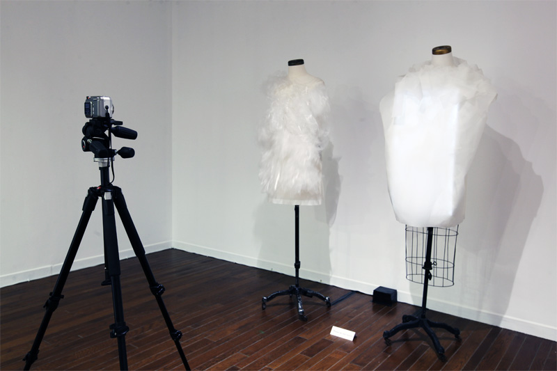Exhibition with two mannequins standing on floor displaying garments with standing camera facing them.