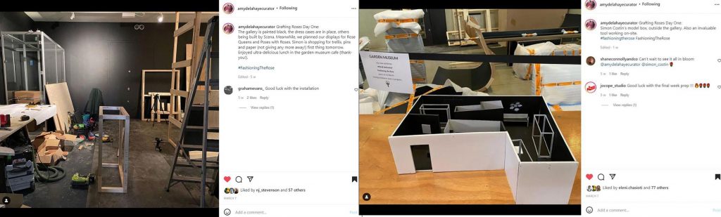 two instagram posts with comments of gallery installation in progress and model box