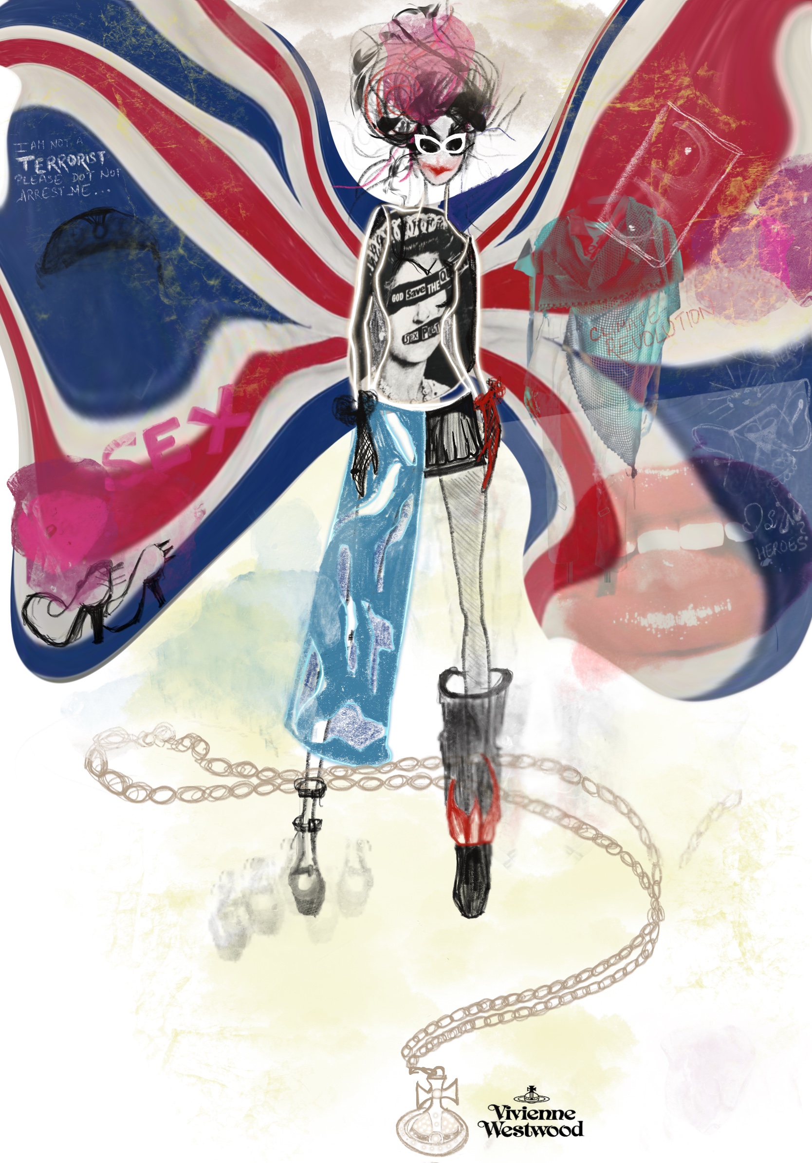 Illustration of a model wearing white-framed glasses, shorts and a top bearing a collage of Queen Elizabeth II's face with text imposed over her eyes and mouth. A union jack flag is billowing in the background.