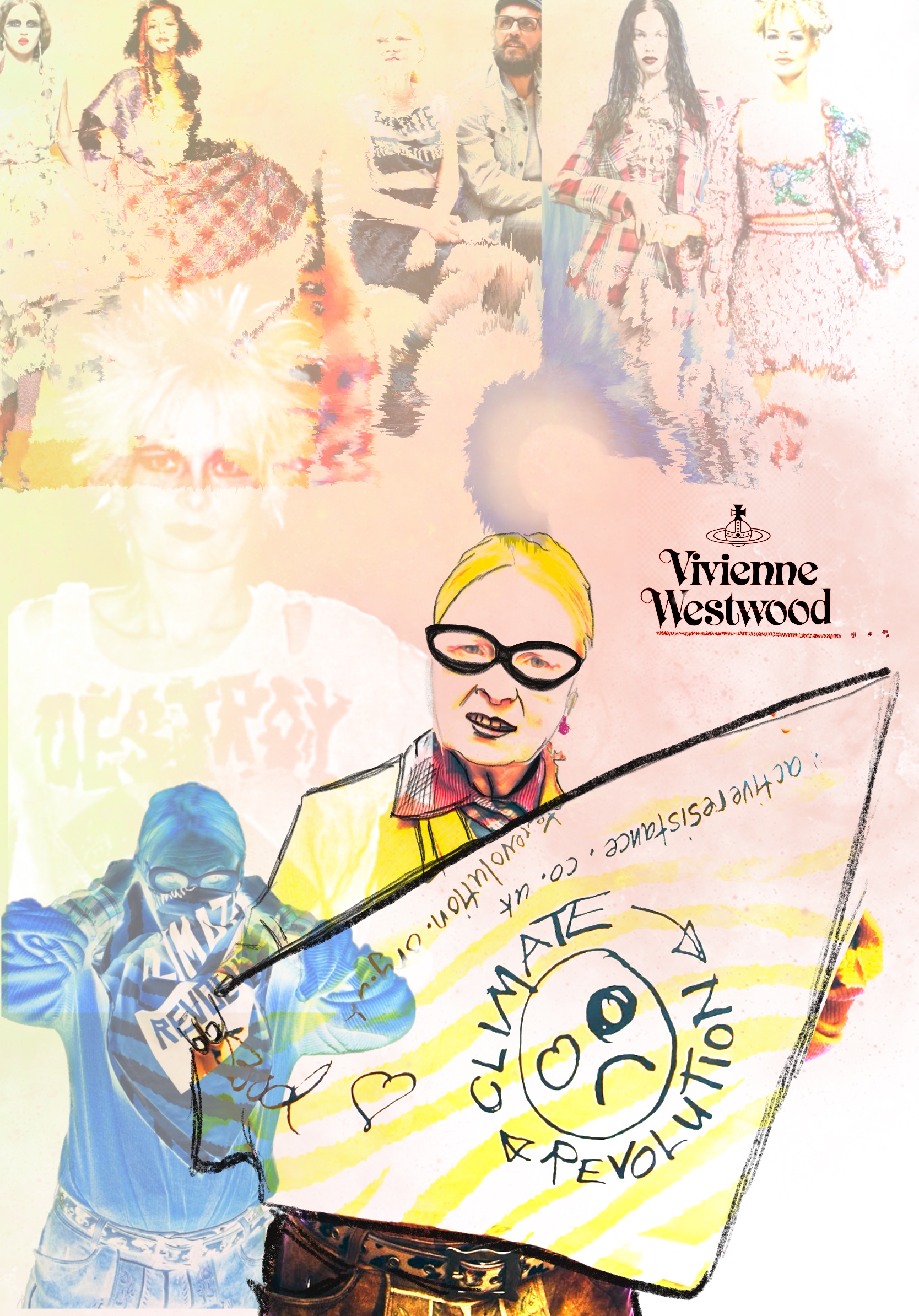 An illustration and montage of Vivienne Westwood. The foreground shows Westwood wearing glasses holding a sign bearing a logo of a frowning face with the phrase 'Climate - Revolution -'.