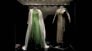 A Dress for Ramlah (left green) and A Dress for Akunma (right brown), on display in we make our own histories