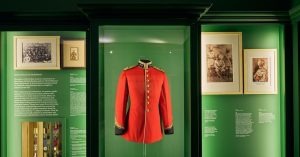 Red soldier's uniform displayed on a mannequin