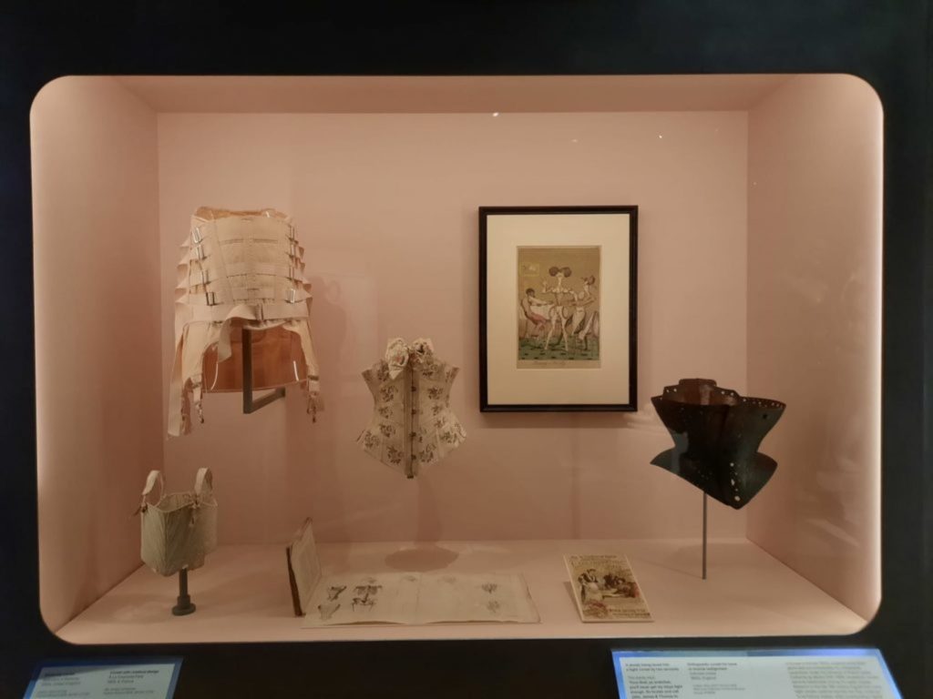 A display with a pink background featuring corsets.