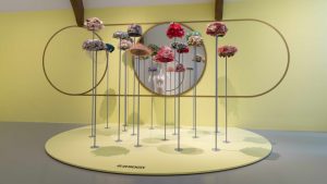 A display of 1920 style hats set against a yellow backdrop. Hues of purple, red, brown and pink.