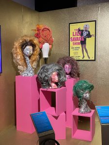 pink shelves with mannequin heads wearing wigs on display