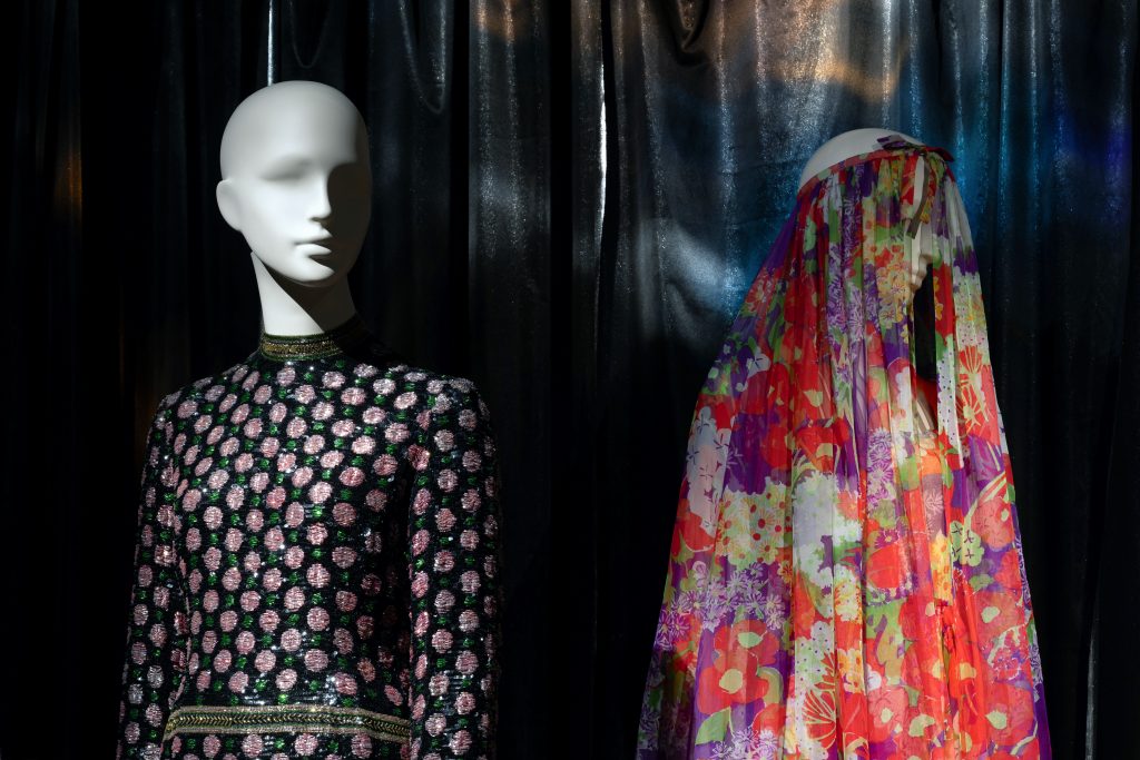 Left: Black and white polka dot dress. Right: floral multi-coloured dress.