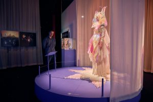 white feathered dress on mannequin trailing floor
