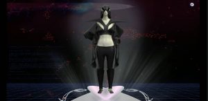 Video still of figure in black hooded ensemble