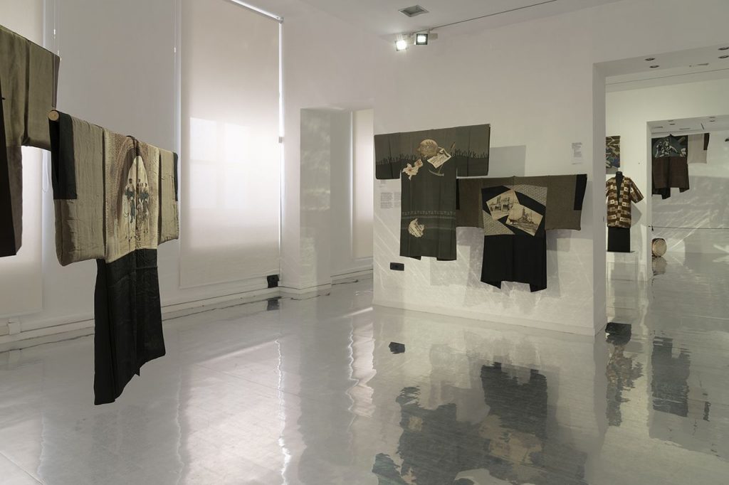 Kimonos in hues of grey, beige and black.