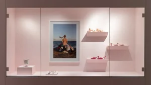 gallery vitrine display of shoes and objects with a framed photo of naked female in background