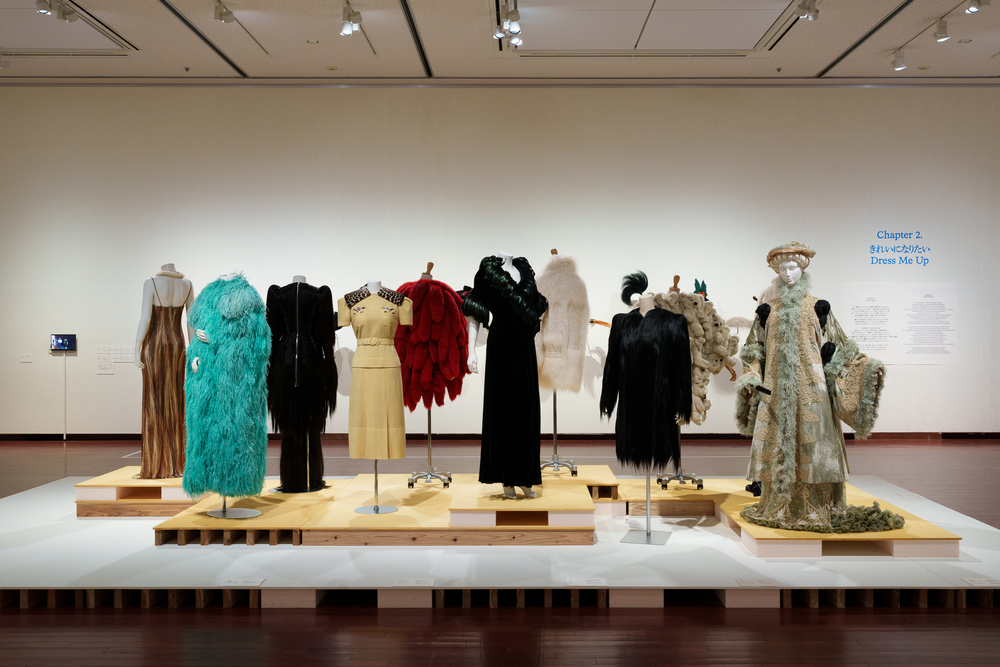 Mannequins in historical clothing in hues of blue, gold, pink, black, and yellow.