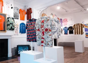 A collection of football shirts in hues of white, orange, blue, green and brown.